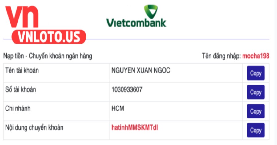 Đăng nhập tài khoản và chọn chuyên mục nạp tiền Vnloto